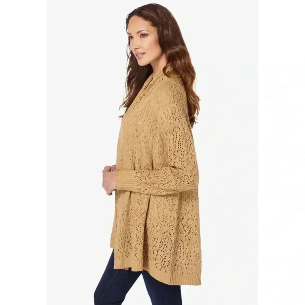 Roaman’s Pointelle Cardigan, Size 1X (22/24), Soft Camel - Picture 2 of 6